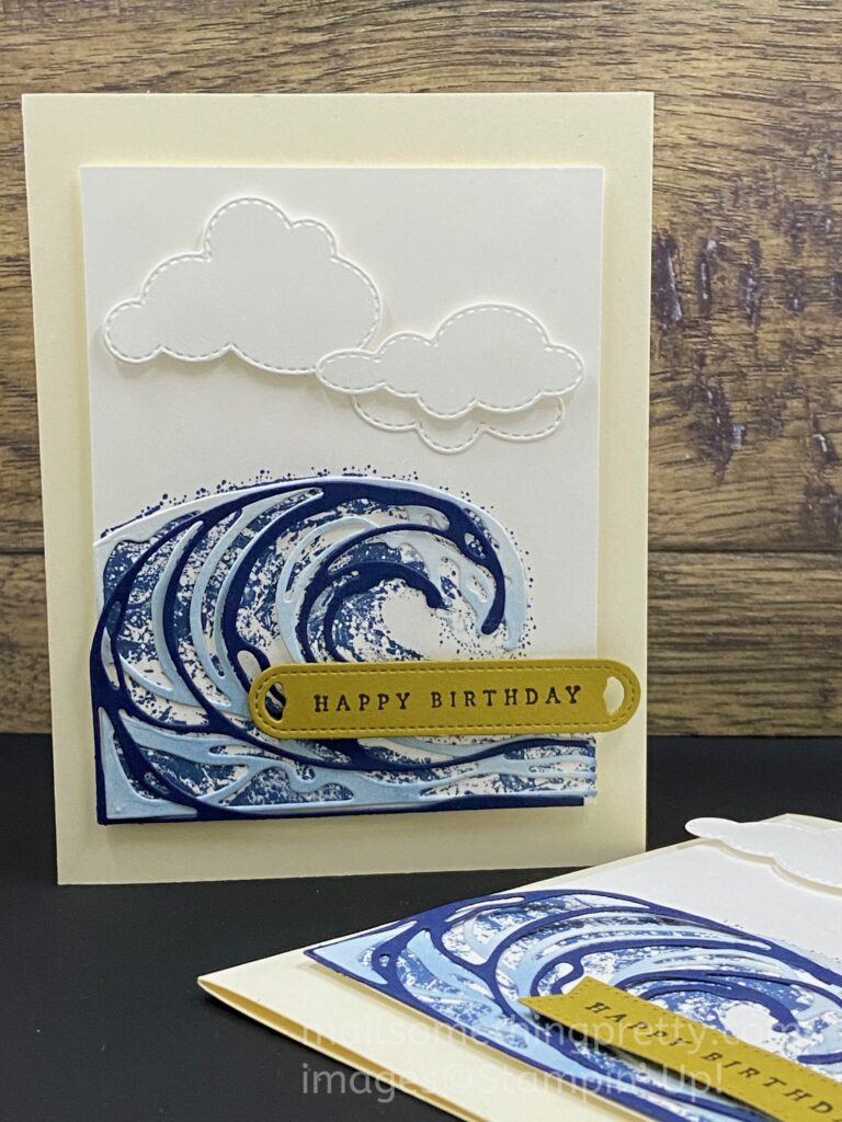3 Waves Birthday Card made with Waves of Inspiration stamp set & dies.  More of an advanced card project.
