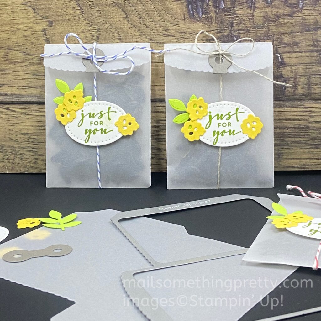 Little flower seed packets made out of Vellum and the Mini Envelope dies