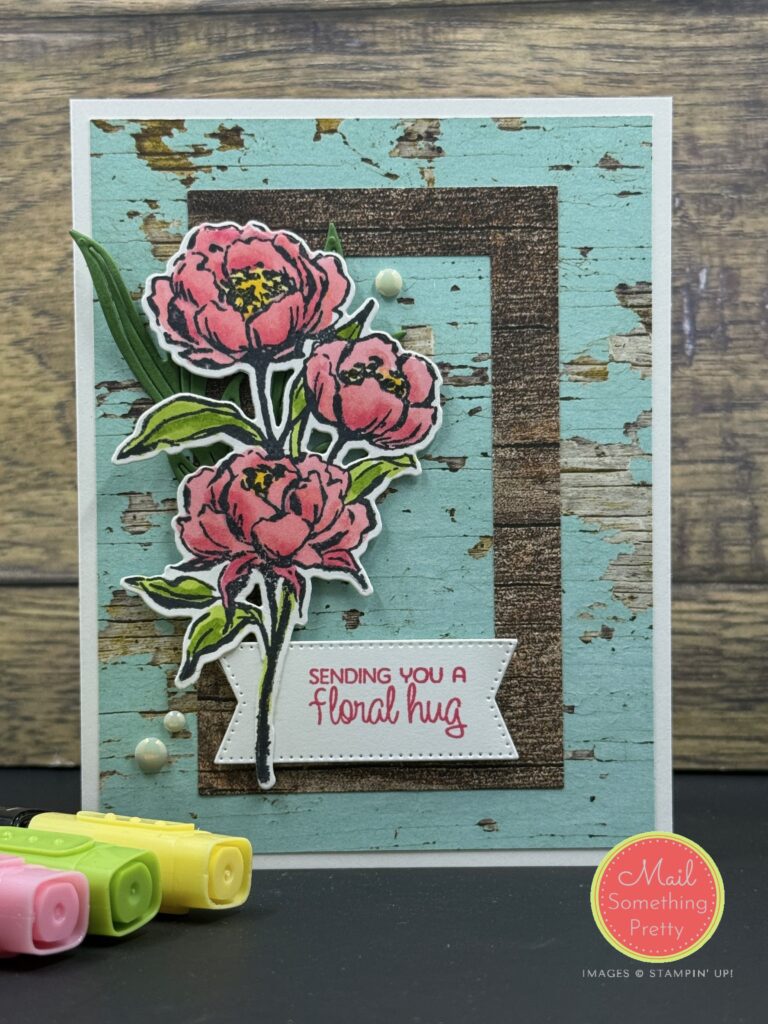 Gallery Blooms Peony Blends Markers with woodgrain background paper